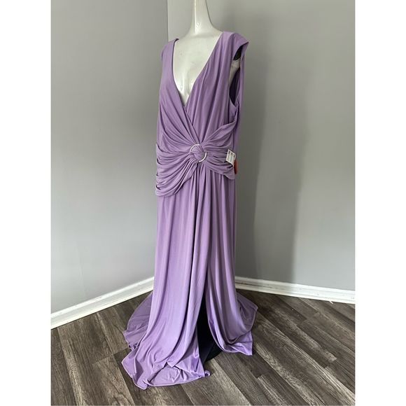 MAC DUGGAL DRAPED SIDE KNOT JERSEY GOWN W/ RHINESTONE RING - Picture 6 of 10
